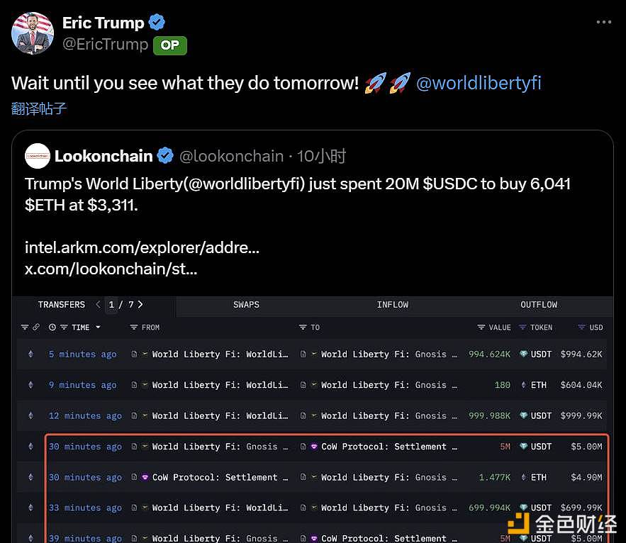 Eric Trump retweeted WLFI’s tweet of buying large amounts of ETH and hinted that there will be a “major move” tomorrow