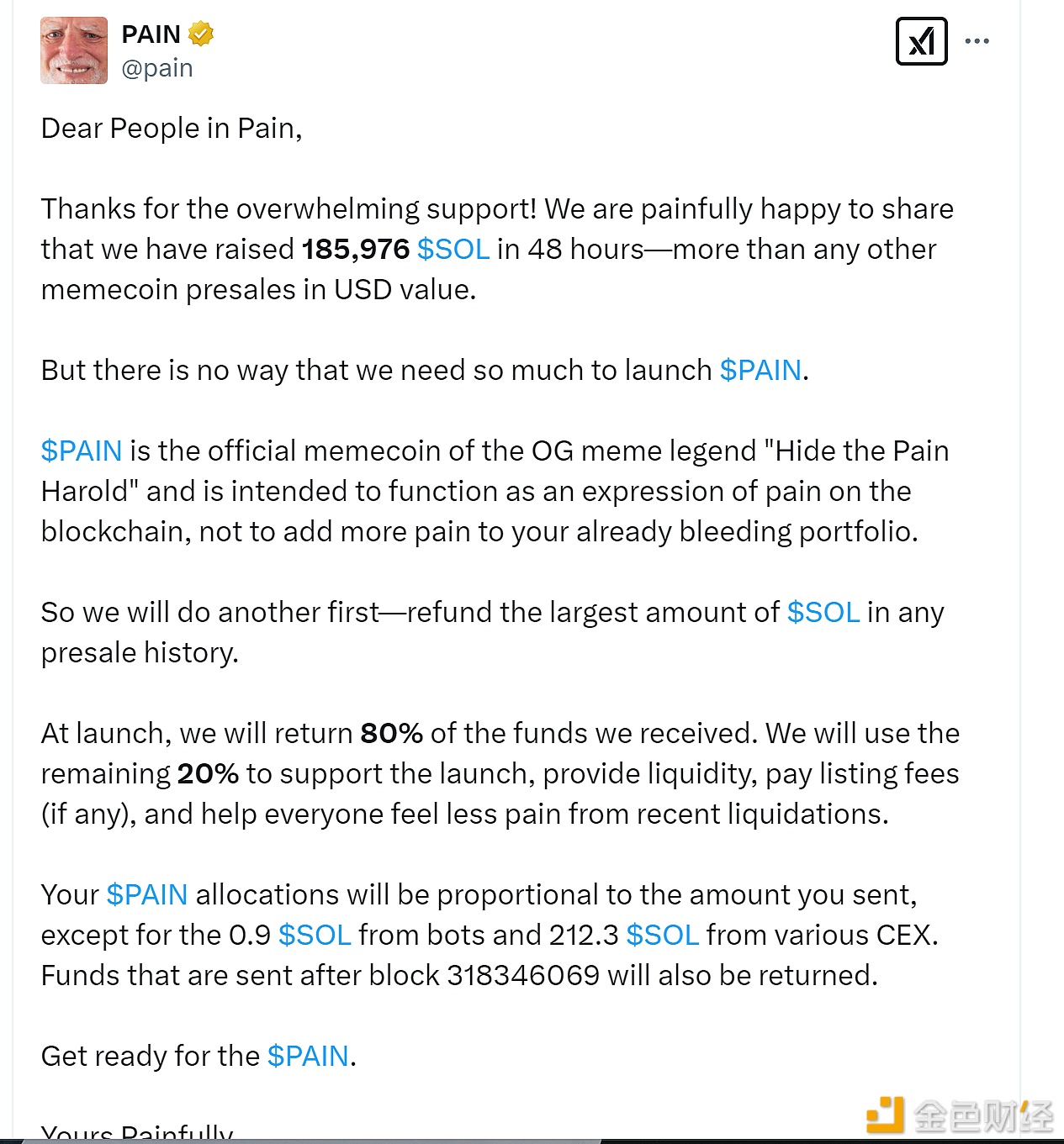 Meme project PAIN: Pre-sale raises 185,976 SOLs, and 80% of the raised funds will be refunded