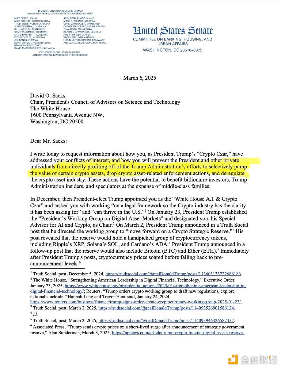 Elizabeth Warren writes to David Sachs: How to avoid others profiting from the act of selectively pushing up the value of certain crypto assets